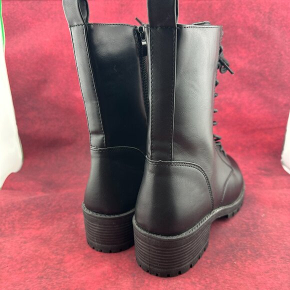 SHELN COMBAT BOOTS LUG SOLE BLACK, MID-CALF, LACE-UP, ZIPPER, BLOCK HEEL, SIZE 9 - Picture 4 of 11